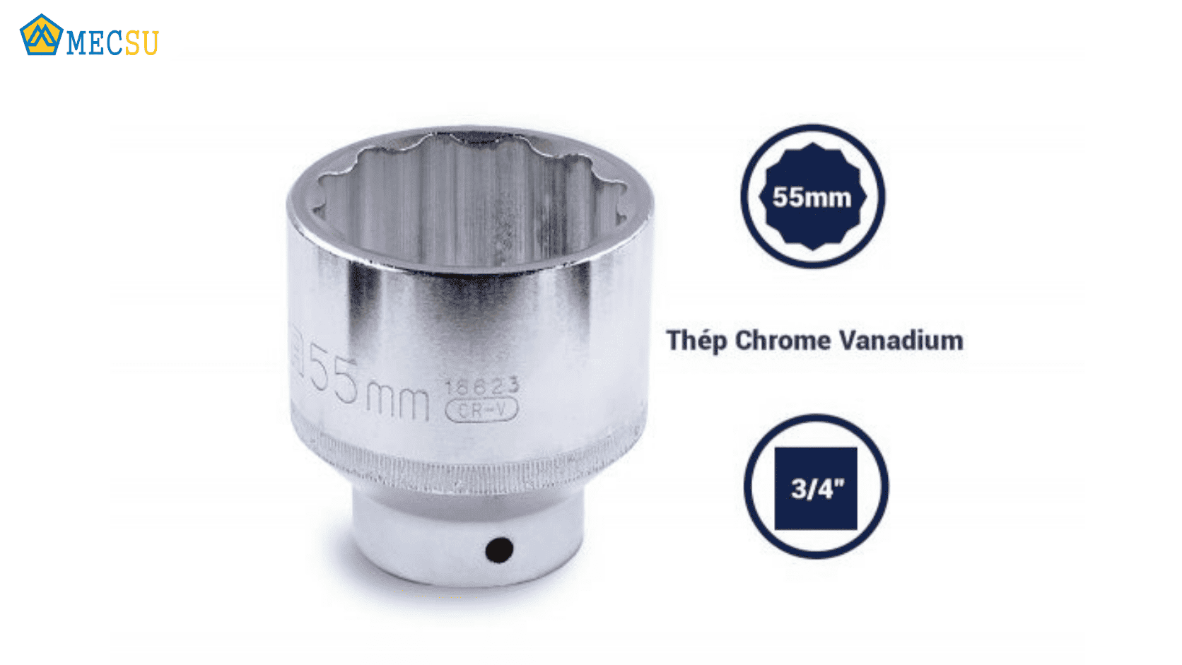 Cận cảnh bề mặt mạ chrome sáng bóng của đầu tuýp Cr-V vặn tay